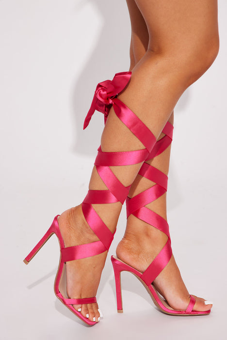 Huni Pink Chiffon Ribbon Tie Up Gold Stiletto Heels
