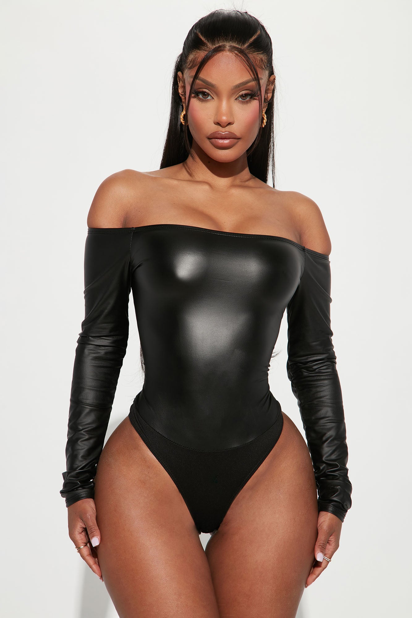 Remi Off Shoulder PU Leather Bodysuit - Black