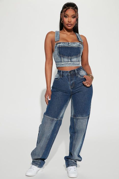 Just Your Type Two Tone Denim Overall Top Medium Wash Fashion