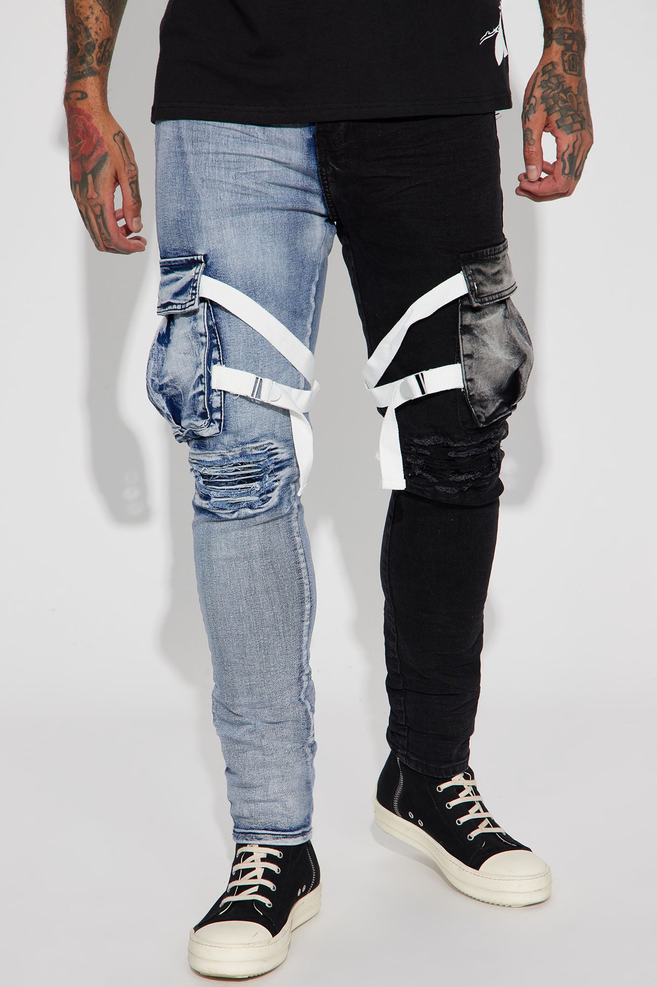 Split In Two Cargo Skinny Jeans Black Blue