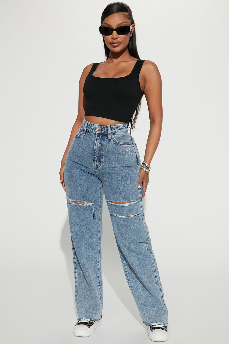 Calling Home Ripped Non Stretch Straight Leg Jeans - Medium Blue Wash ...