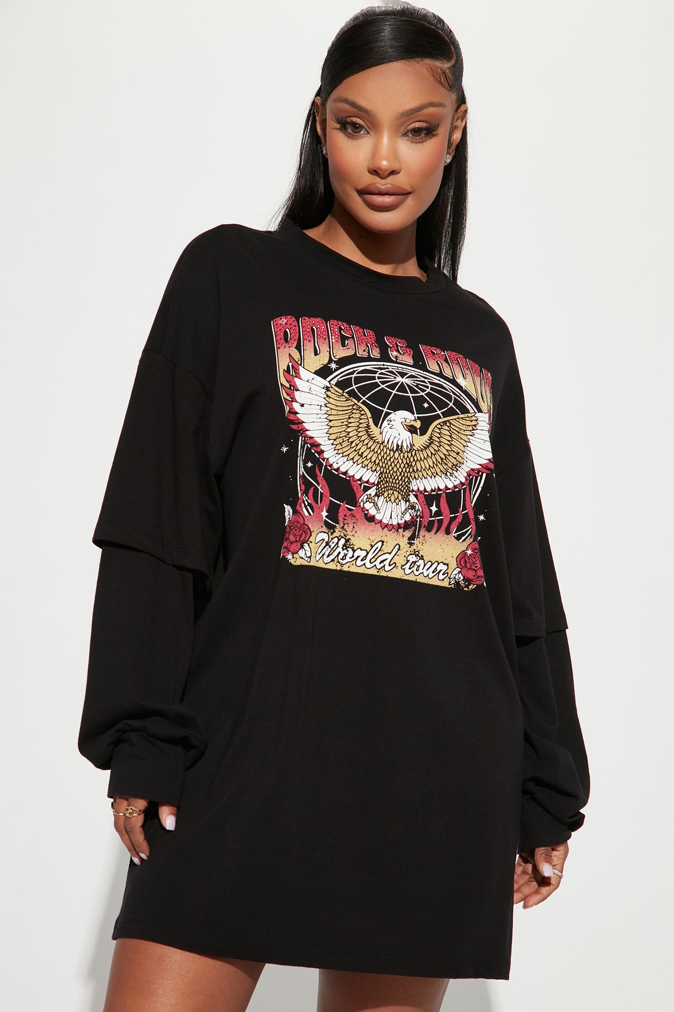 Rock On Embellished T Shirt Dress Black combo Fashion Nova