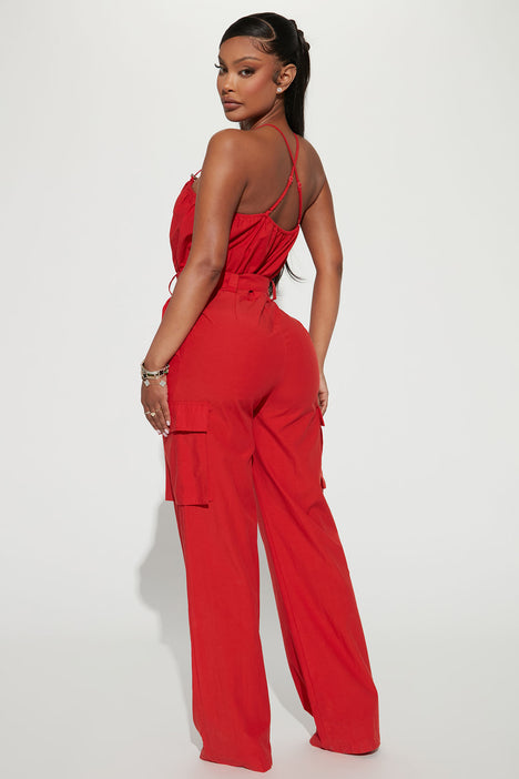 Red 2025 utility jumpsuit
