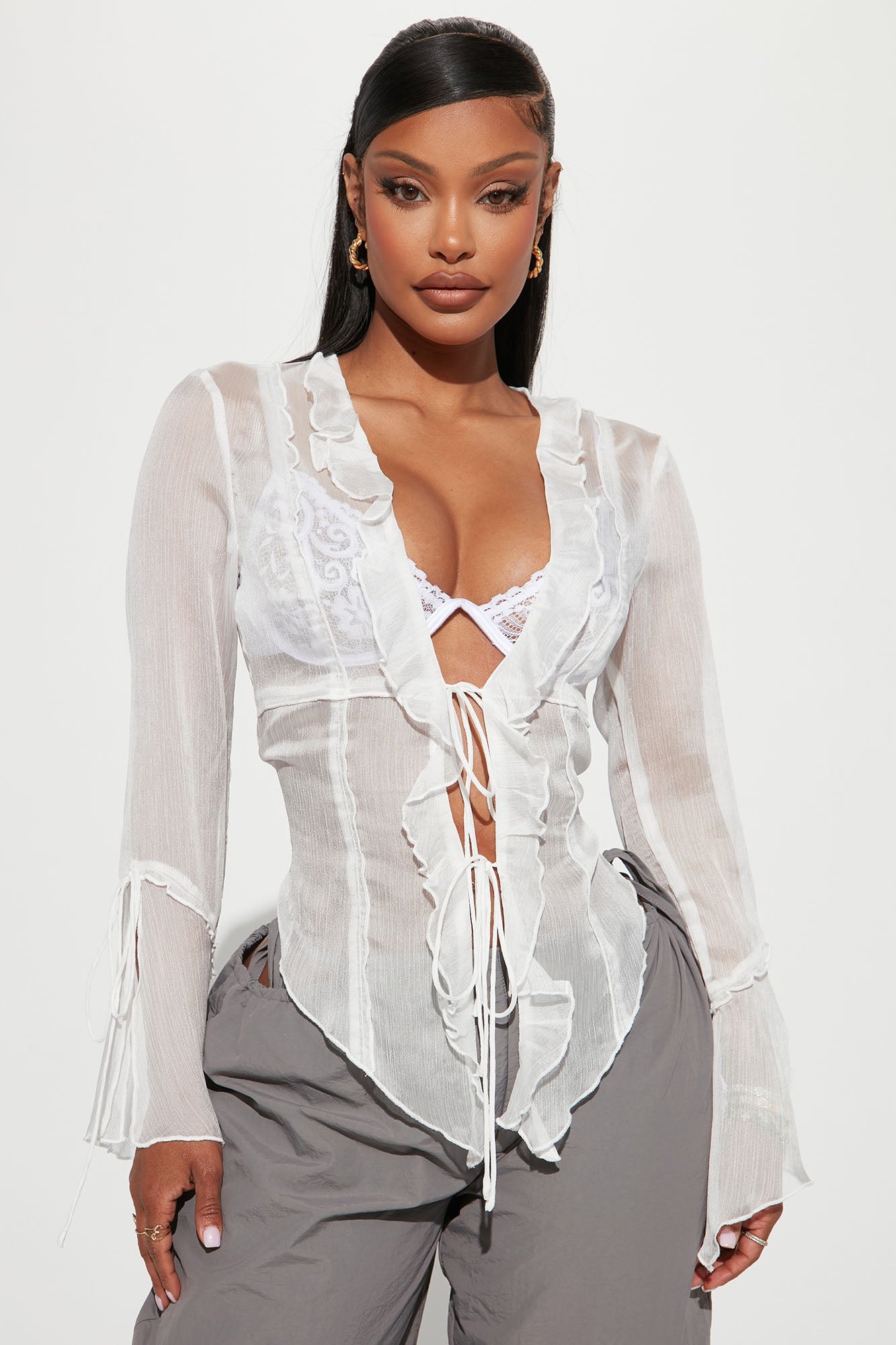 White lace ruffle blouse top