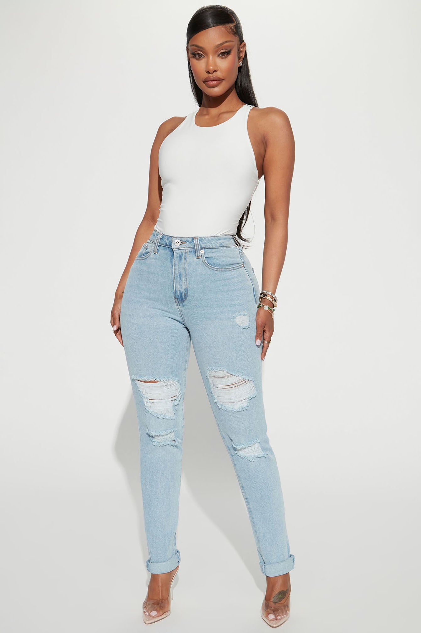 Get Real Ripped High Rise Mom Jeans Light Blue Wash
