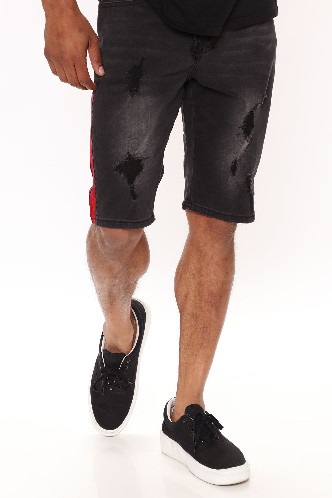Black denim shorts red stripe 2025