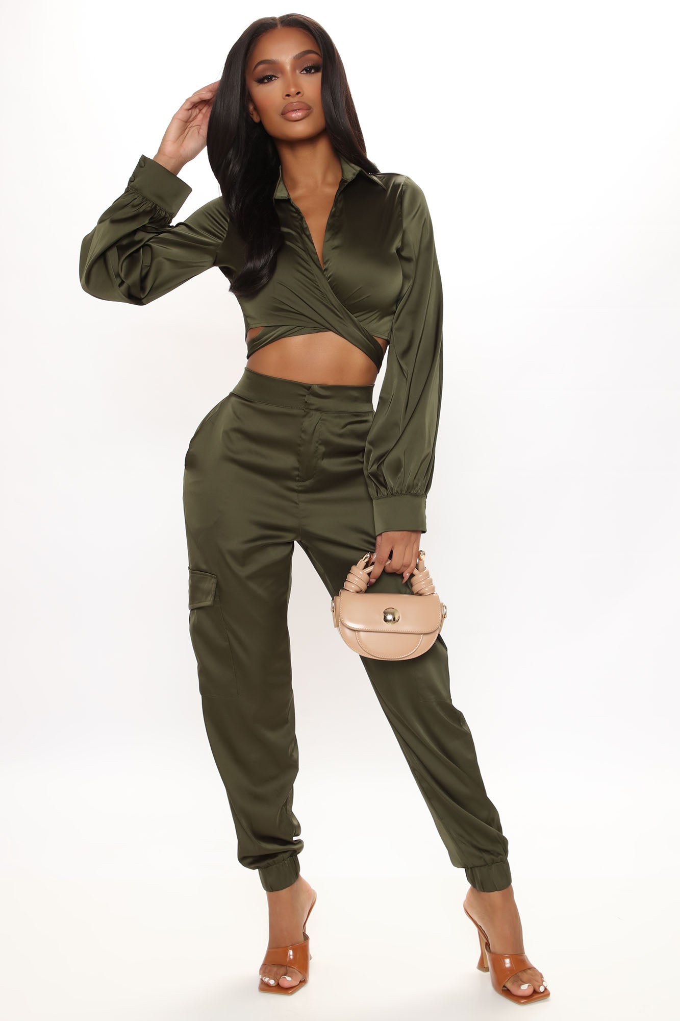 What A Feeling Satin Jogger Set - Olive, Fashion Nova, Matching Sets