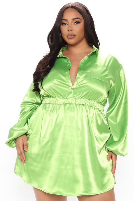 Make It Known Satin Shirt Dress Green