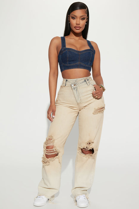 Quite The Catch Crossover Non Stretch Straight Leg Jeans Beige