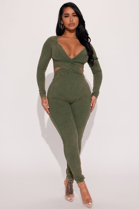 Ivy Mineral Wash Ribbed Jumpsuit Olive Fashion Nova Jumpsuits
