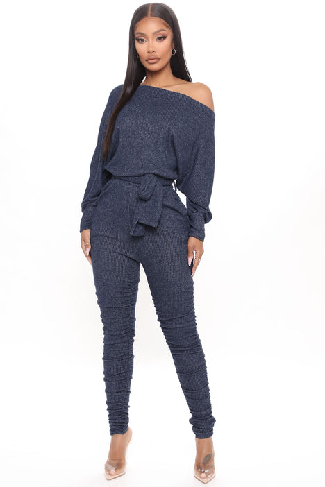 Pro Lounger Ruched Ribbed Jumpsuit Navy