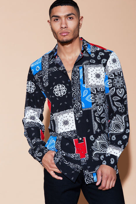 Skies Bandana Patchwork Long Sleeve Woven Top Black combo