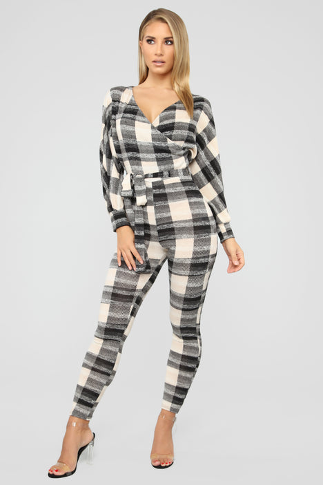 So Plaid Out Belted Jumpsuit Black Taupe