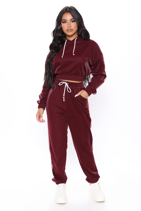 Forever Glam Hoodie And Jogger Set Burgundy Fashion Nova