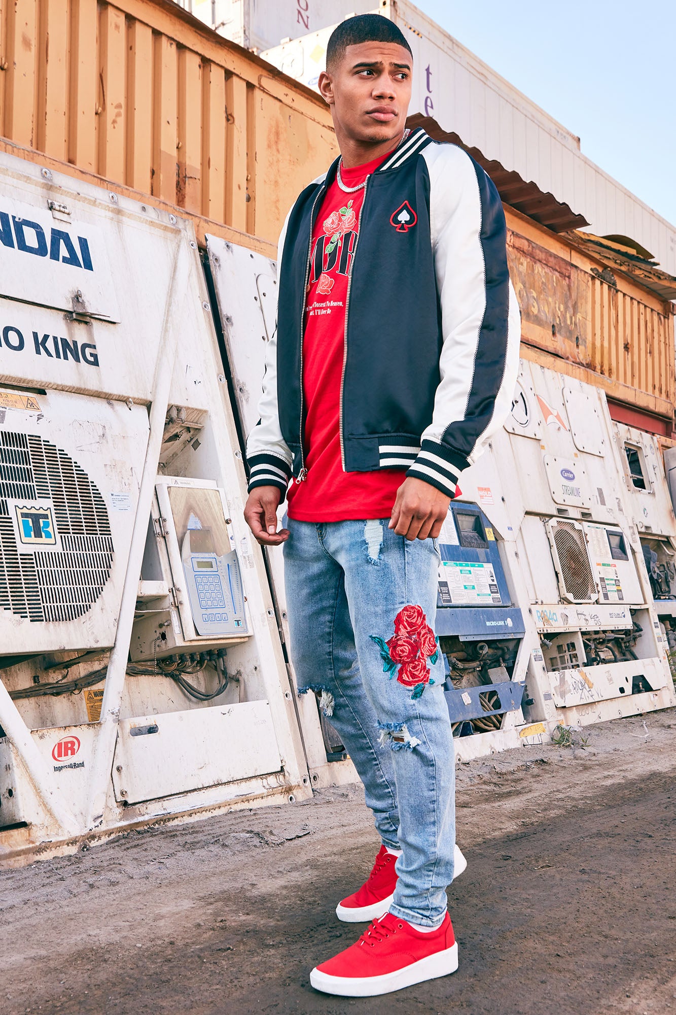 Mens rose embroidered jeans online