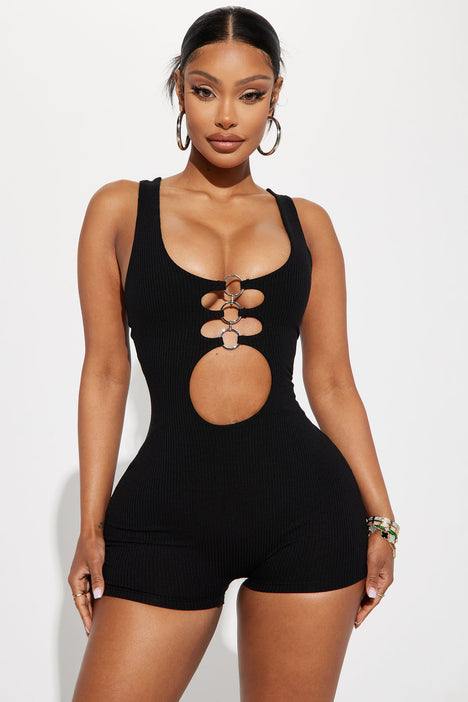 Ring Me Up Ribbed Romper Black