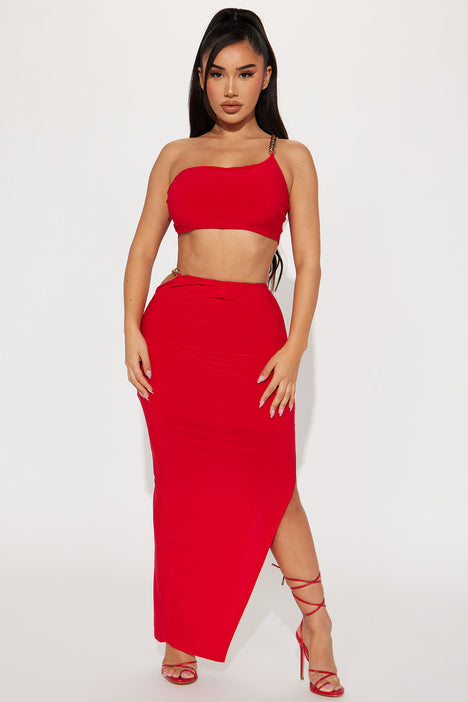 Chain reaction suede mini skirt two piece in red sale