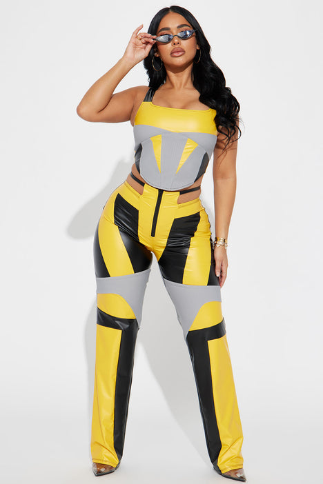 Yellow faux leather pants hot sale