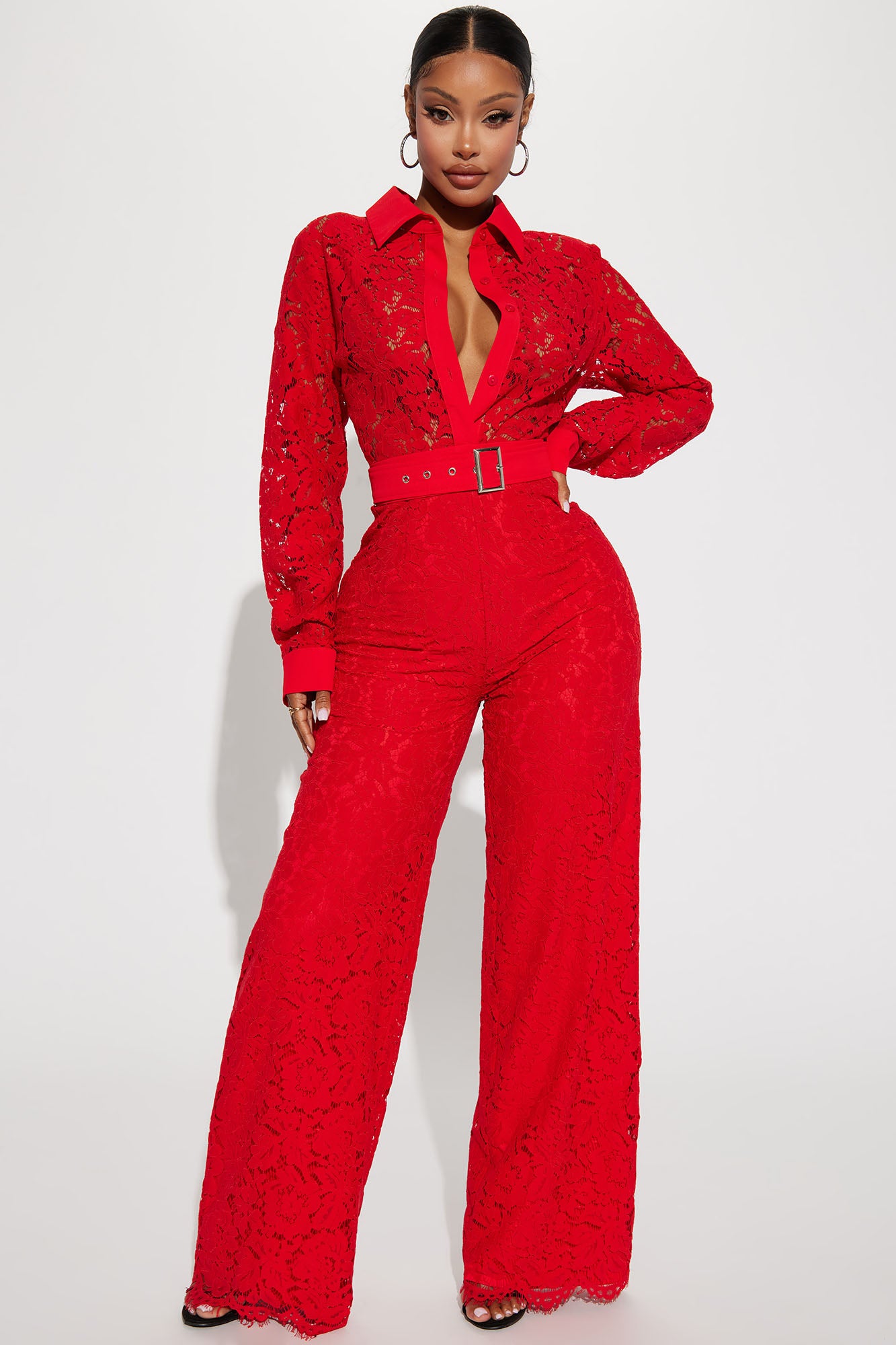 Red jumpsuit with sleeves sales