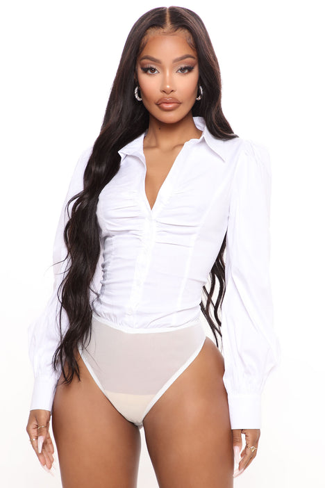 Cashin' Out Poplin Bodysuit - White, Fashion Nova, Shirts & Blouses