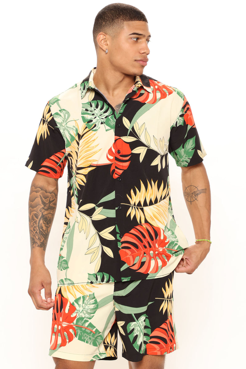 Tropical Palm Leaves Short Sleeve Woven Top - Tan/Multi | Fashion Nova ...