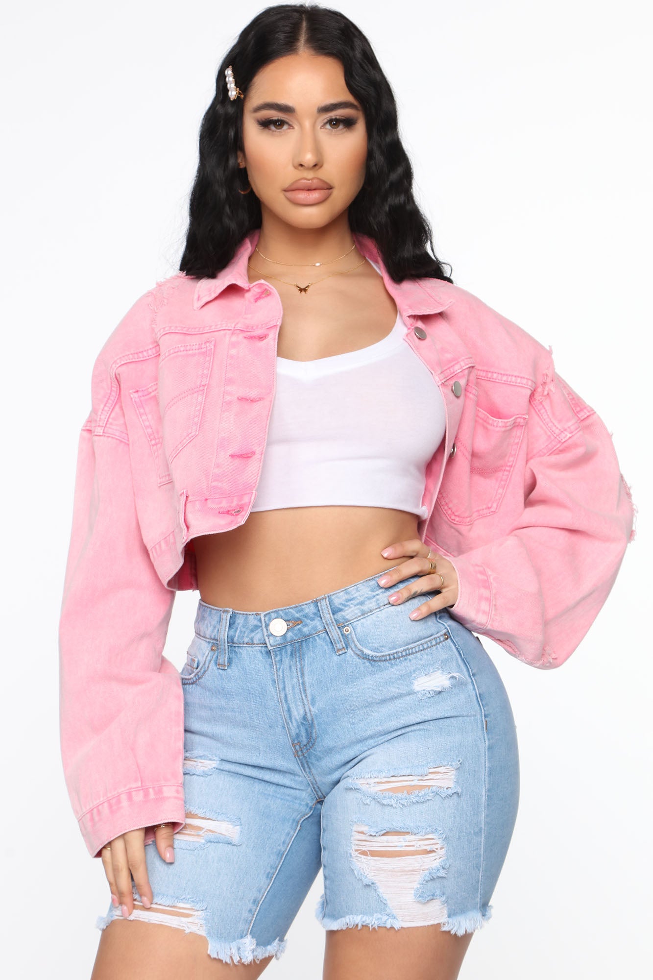 Baby pink denim jacket cropped clearance
