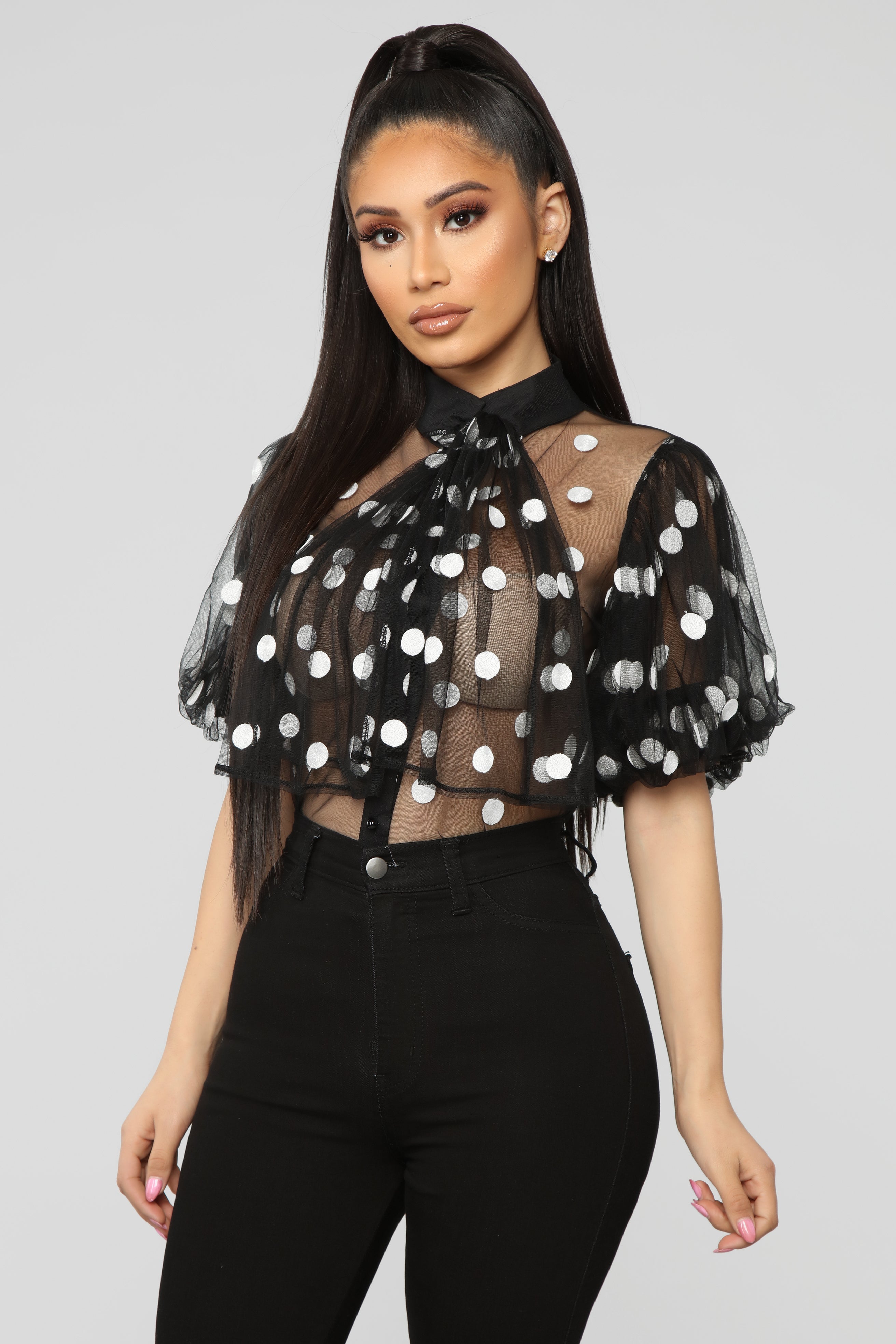 Polka Dot Mesh Blouse - Black/White | Fashion Nova, Knit Tops | Fashion Nova