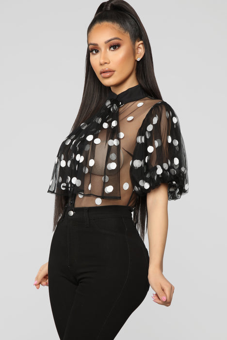 Polka Dot Mesh Blouse - Black/White | Fashion Nova, Knit Tops | Fashion Nova