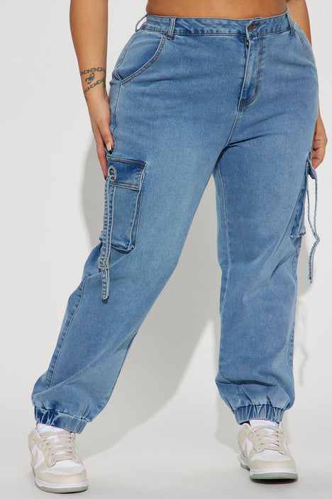 Stayin' Ready Stretch Cargo Denim Joggers - Medium Blue Wash, Fashion  Nova, Jeans