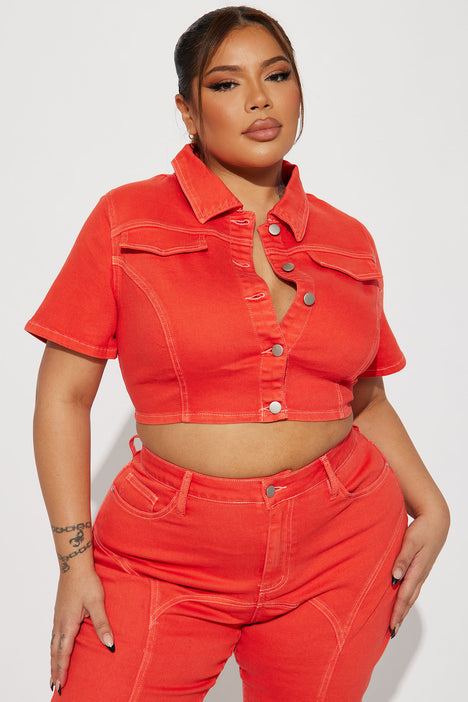 Cropped red denim jacket sales