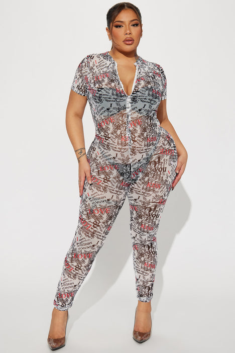 Tell Me The News Mesh Jumpsuit White combo Fashion Nova