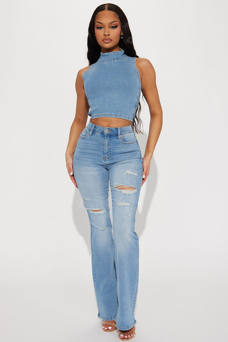 Not My Fault Ripped Flare Jeans Light Blue Wash