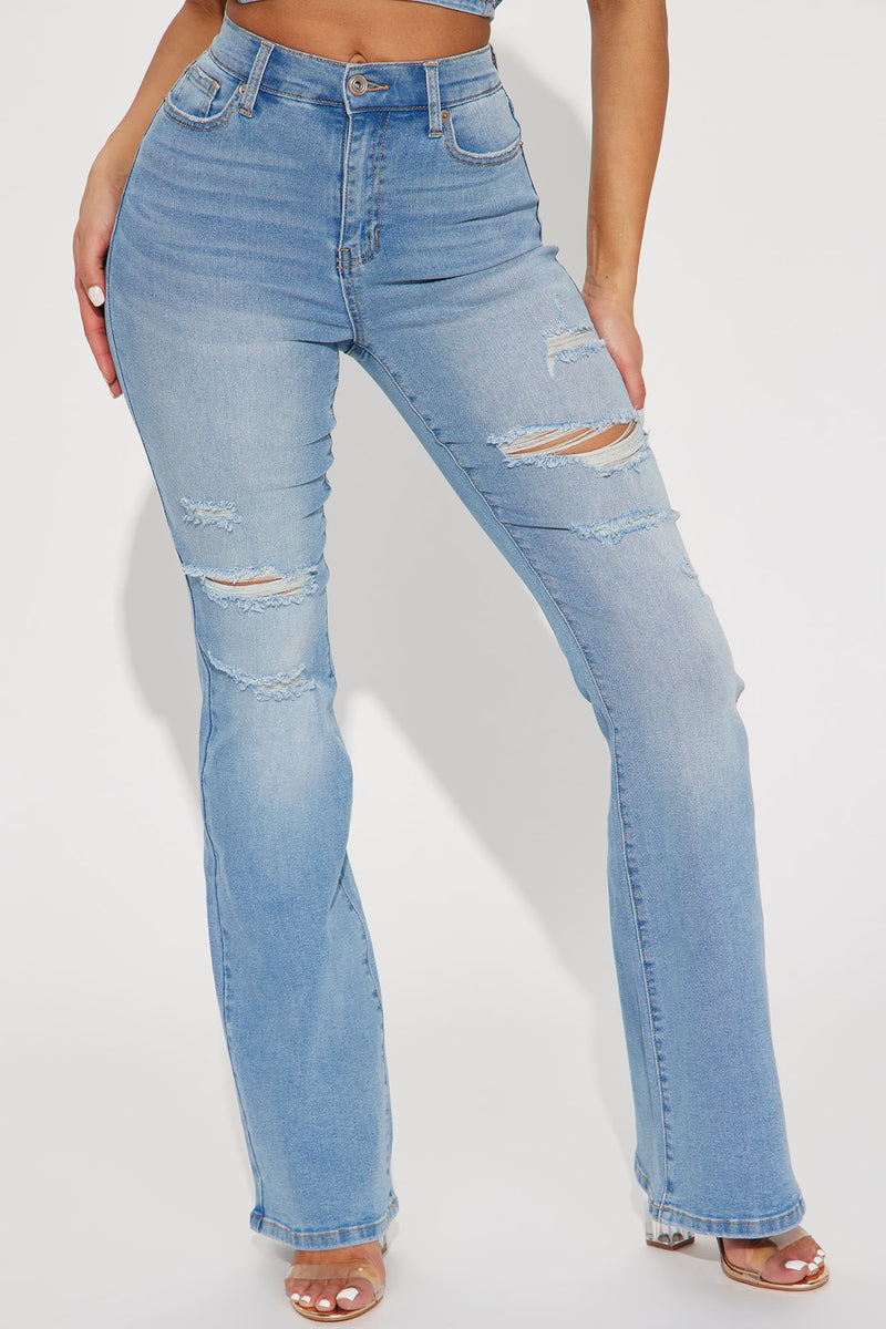 Not My Fault Ripped Flare Jeans - Light Blue Wash | Fashion Nova, Jeans ...