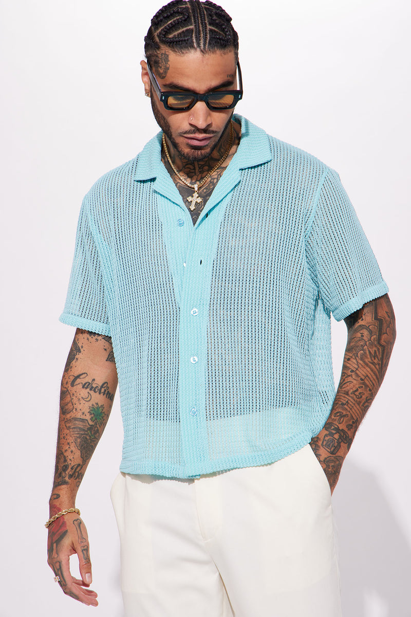 Chainlink Knit Button Up Shirt - Light Blue | Fashion Nova, Mens Knit ...