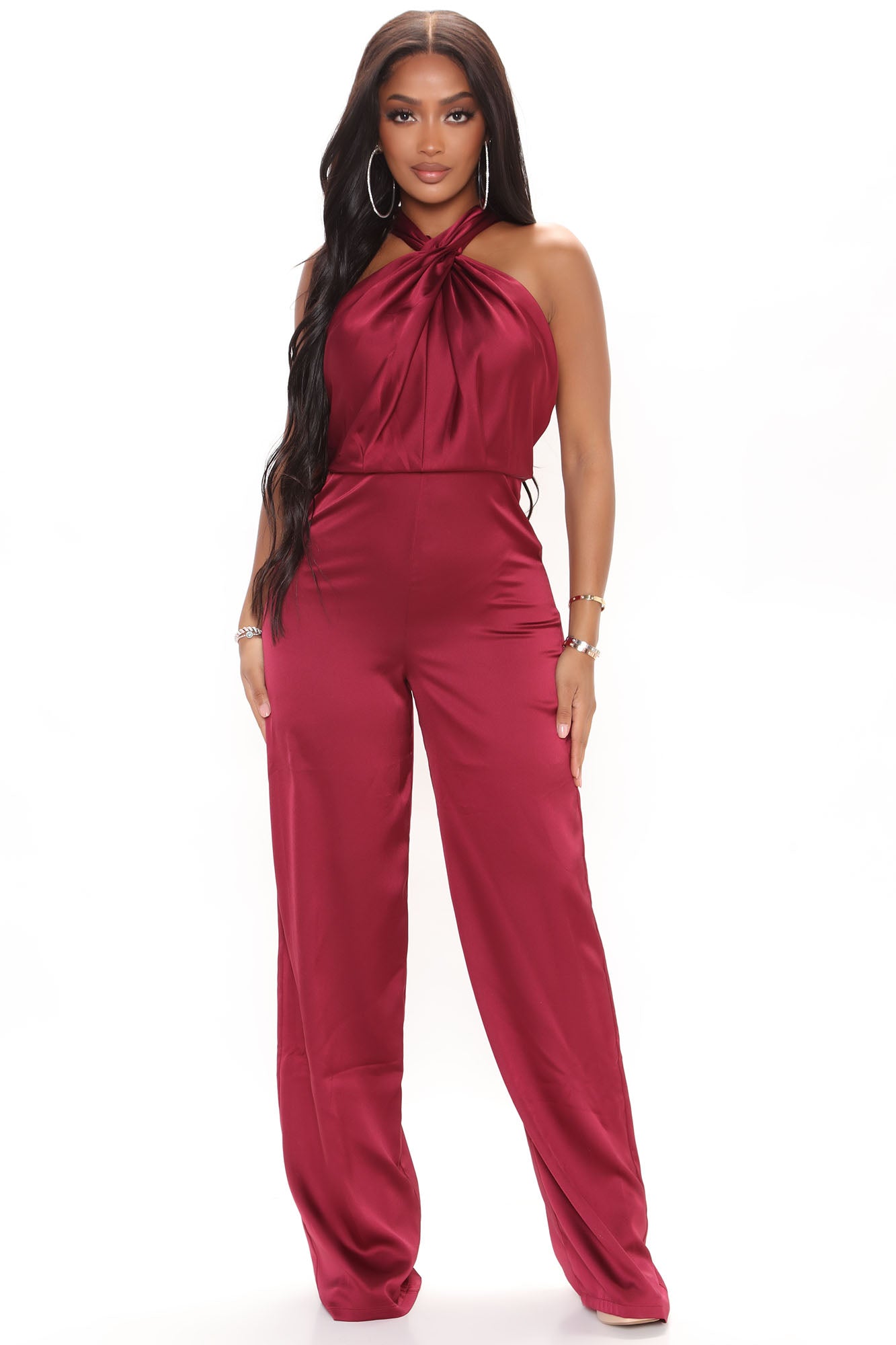 Burgundy satin jumpsuit deals