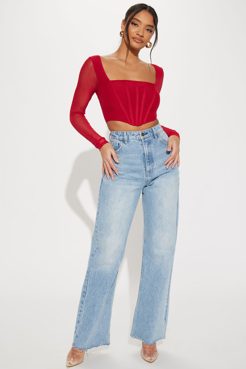 Miranda Long Sleeve Mesh Corset - Red | Fashion Nova, Knit Tops ...