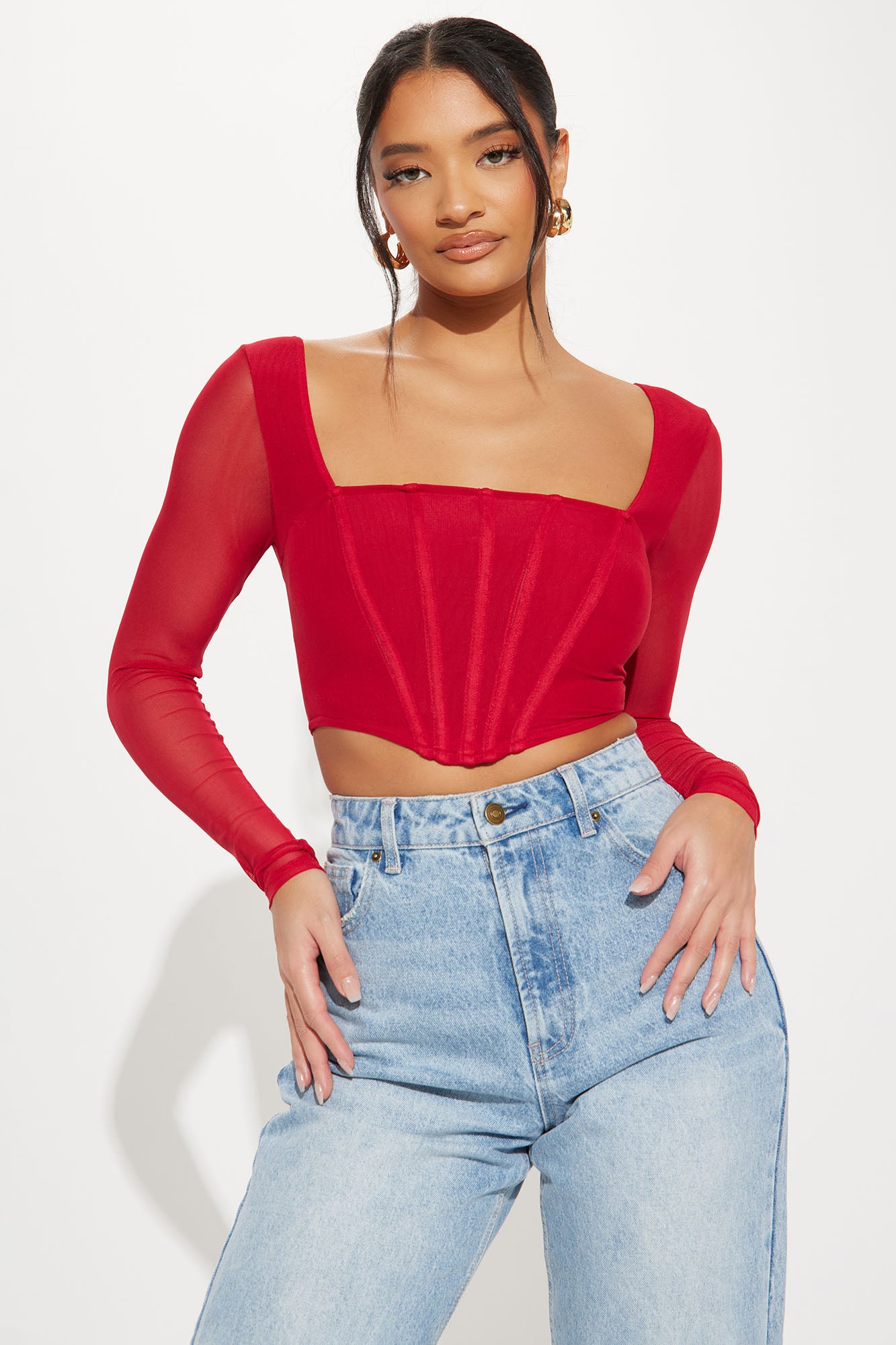 Red mesh long sleeve top on sale