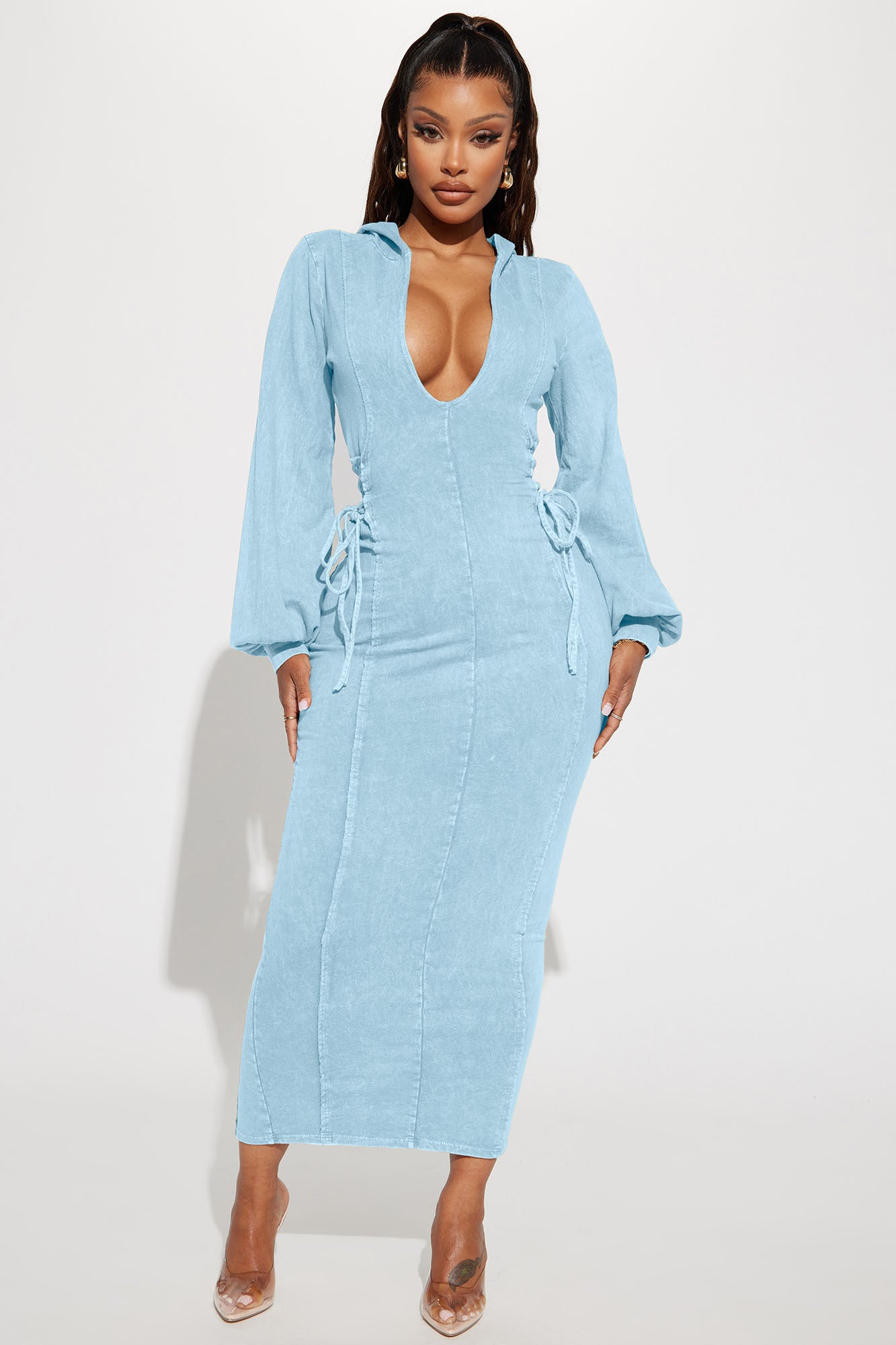 The Grind Hooded Maxi Dress Light Blue Fashion Nova Dresses