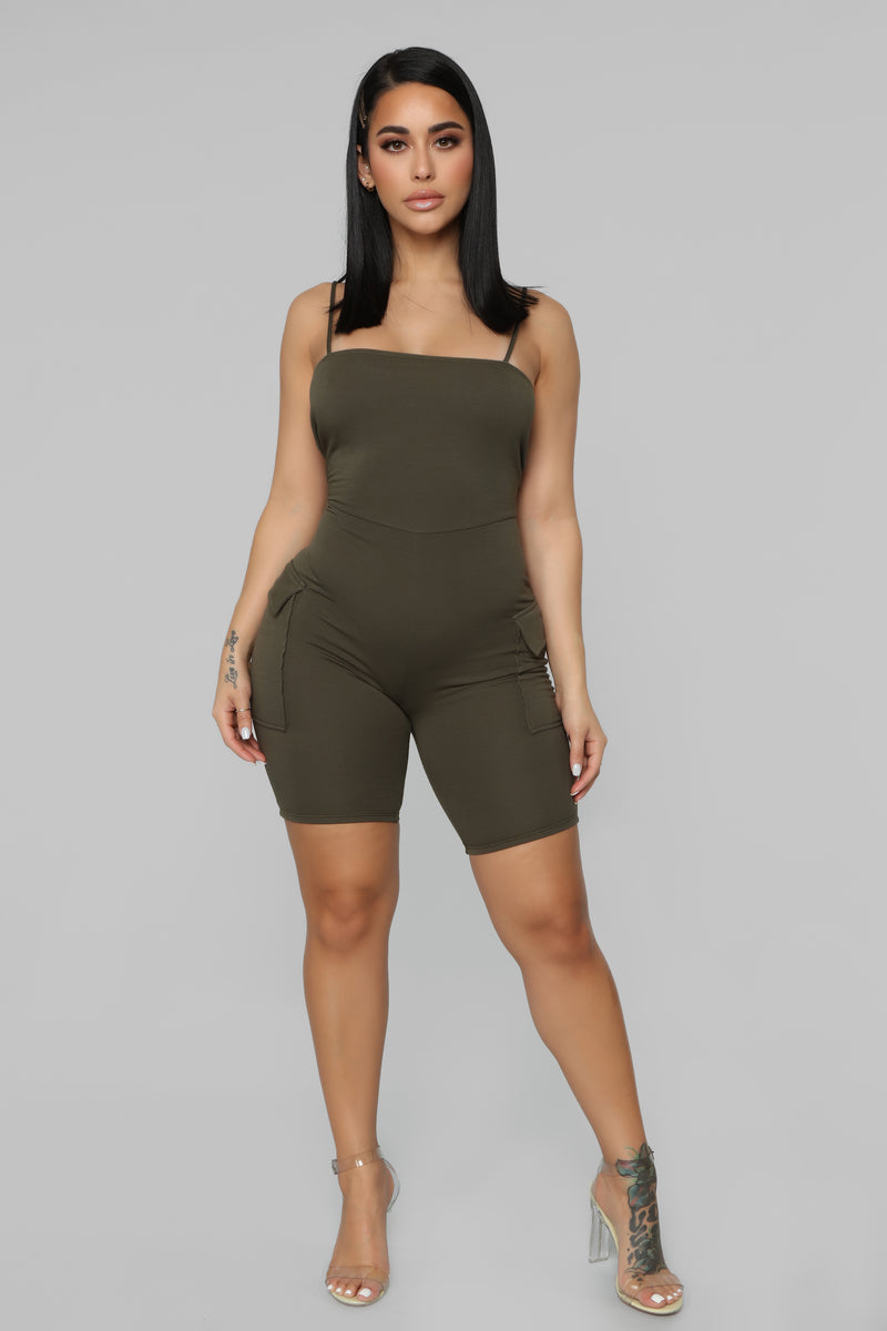 Monae Biker Short Romper - Olive | Fashion Nova, Rompers | Fashion Nova