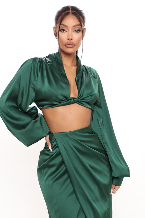 Love Again Satin Skirt Set - Emerald