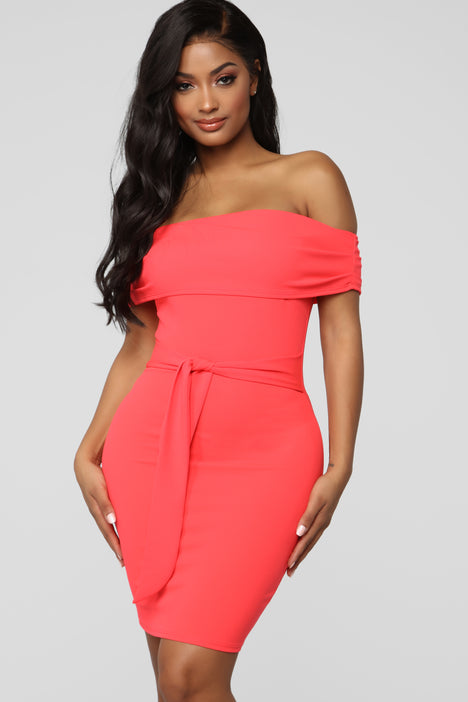 I Never Fold Off Shoulder Mini Dress Neon Coral Fashion Nova