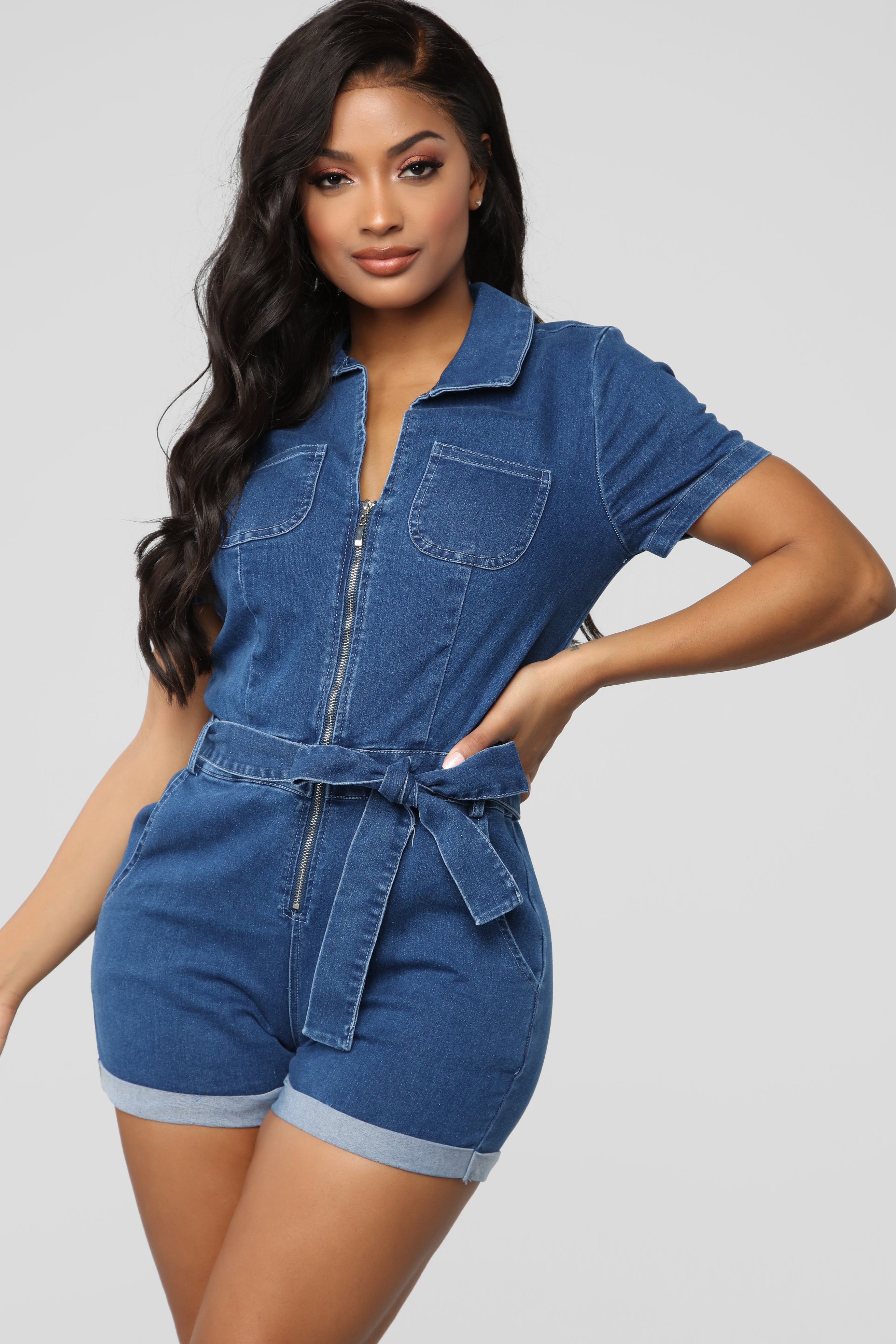 In A Zip Denim Romper Dark Wash Fashion Nova Rompers
