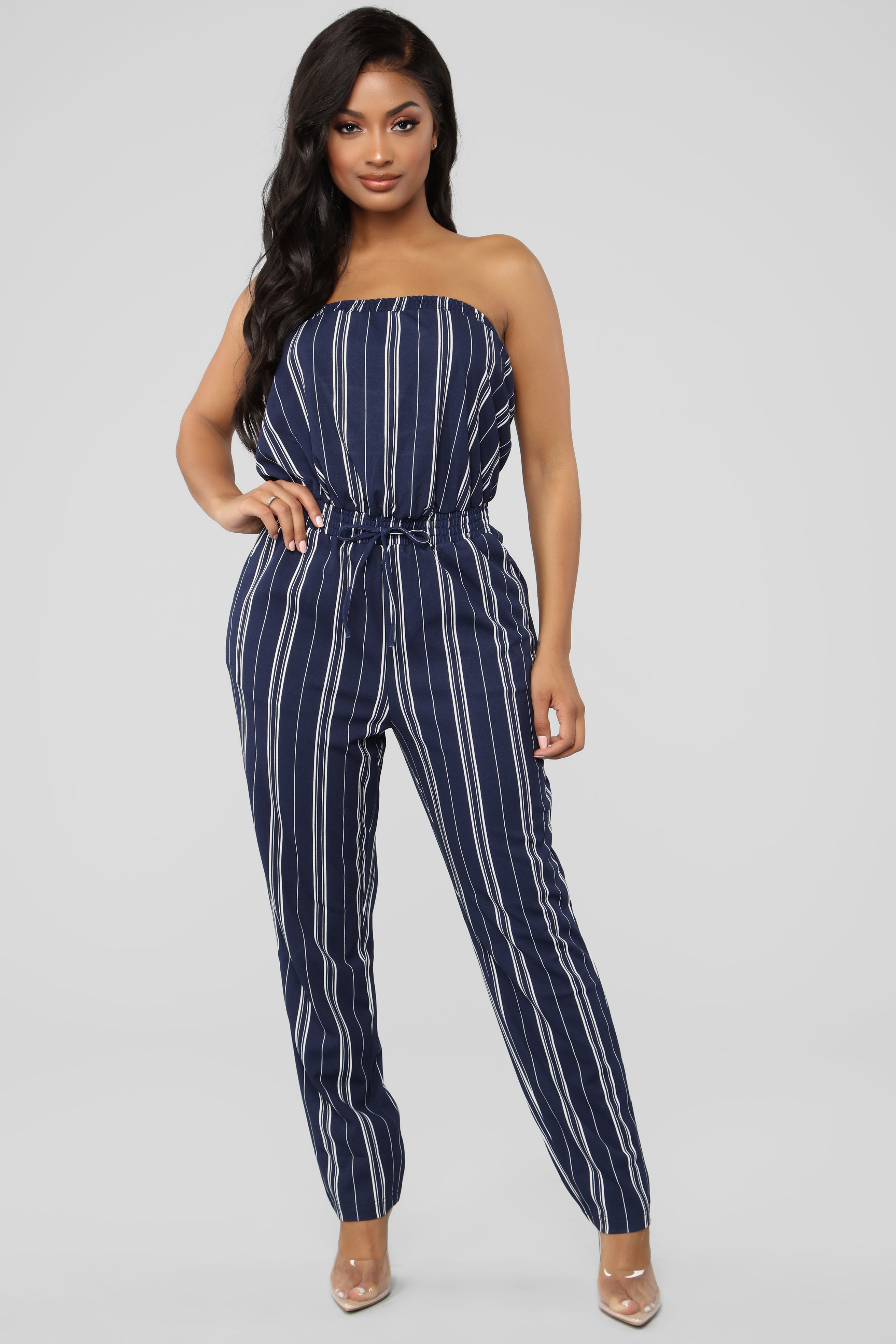Sabra Striped Jumpsuit Navy White Fashion Nova Jumpsuits
