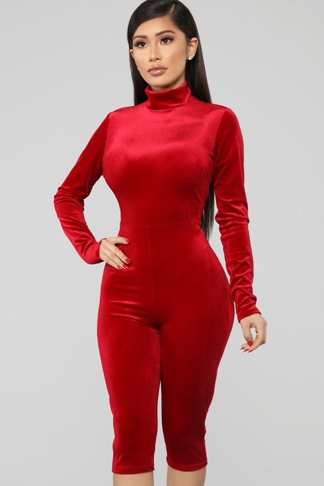 Just So Cute Velvet Carpi Jumpsuit Red