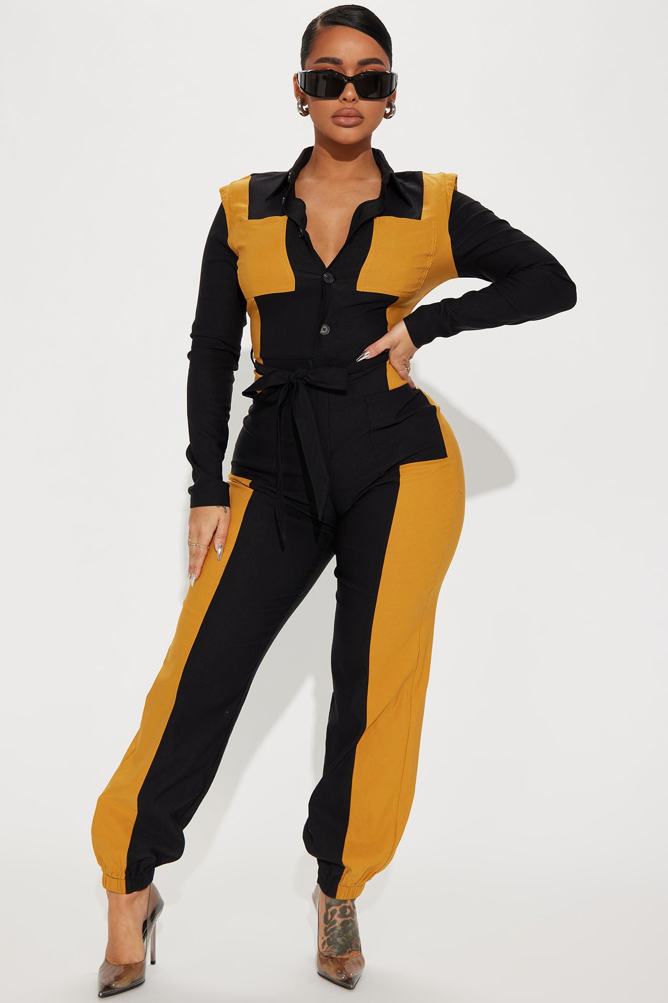 Black new arrivals yellow jumpsuit