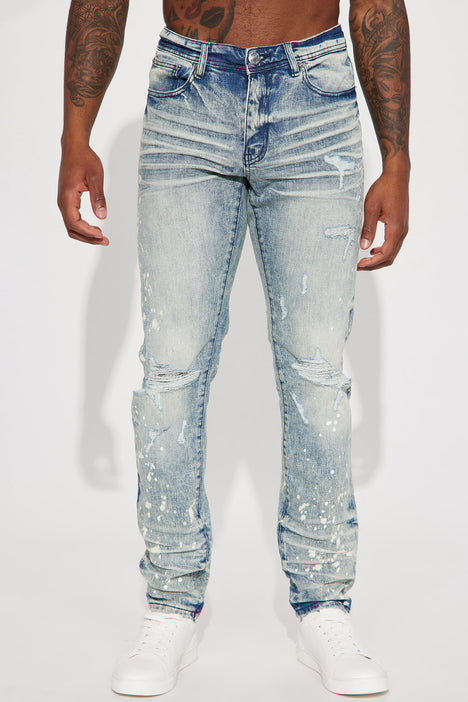 Bleach Spotted Ripped Knee Stacked Skinny Jeans - Light Wash