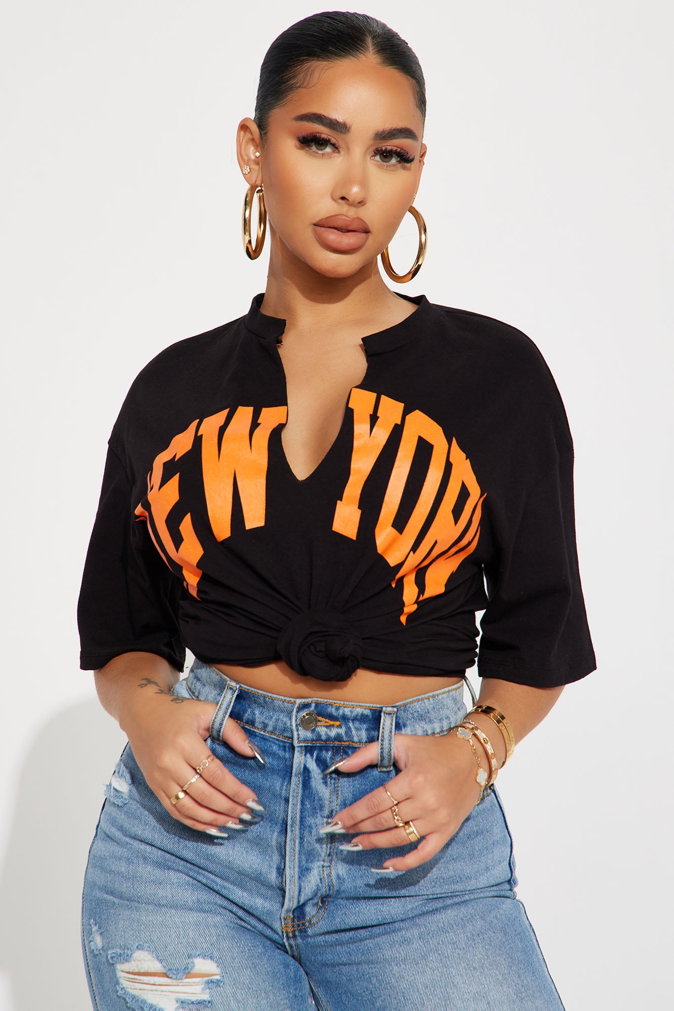Women's New York Girl T-Shirt in Black/Orange Size Large by Fashion Nova