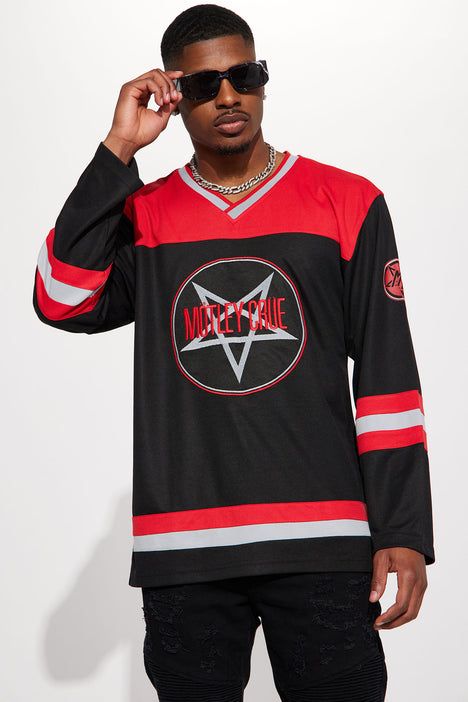 Men's Motley Crue All Star Hockey Jersey in Black/Red Size Large by Fashion Nova