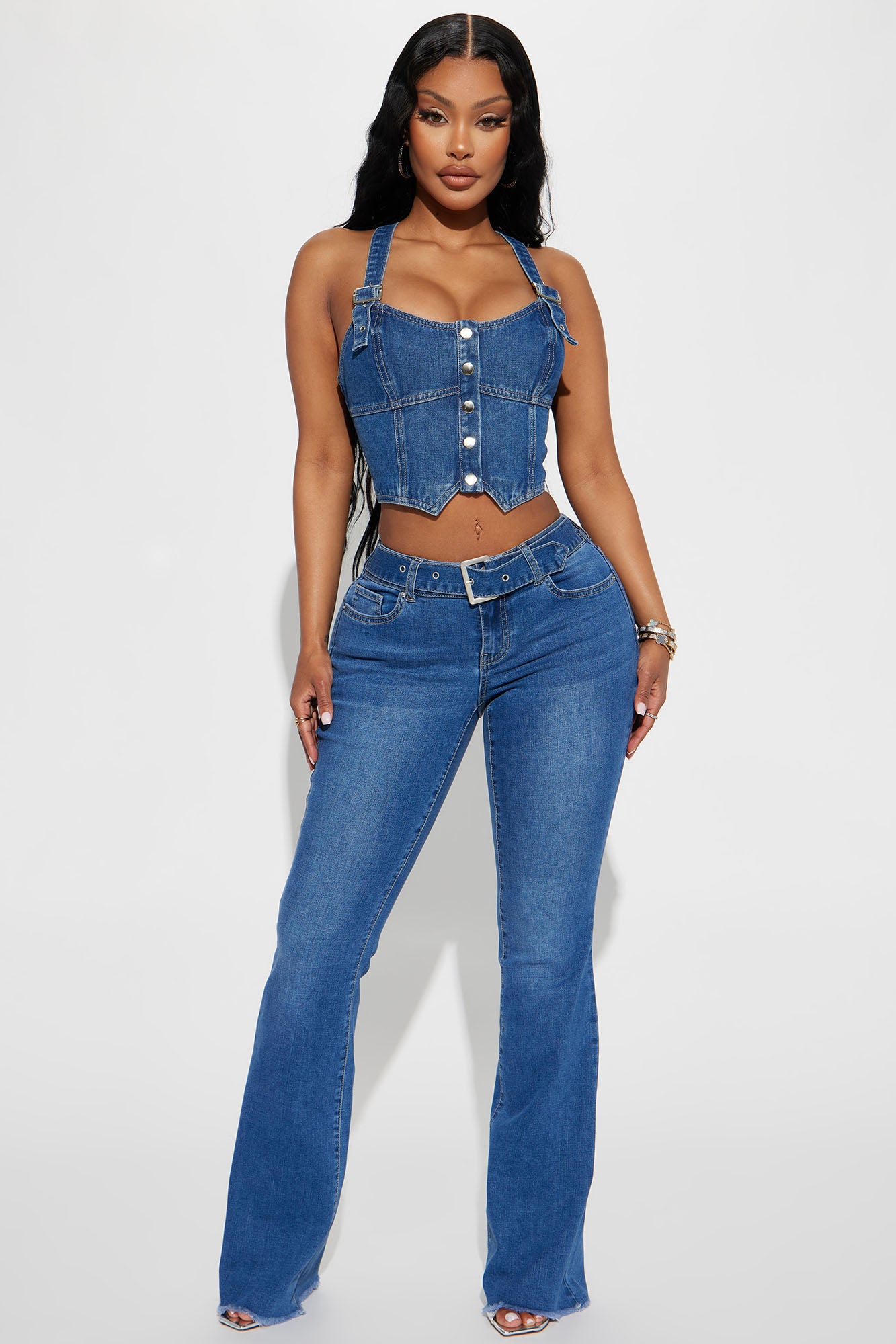 Y2K Belted Low Rise Flare Jeans - Medium Blue Wash, Fashion Nova, Jeans