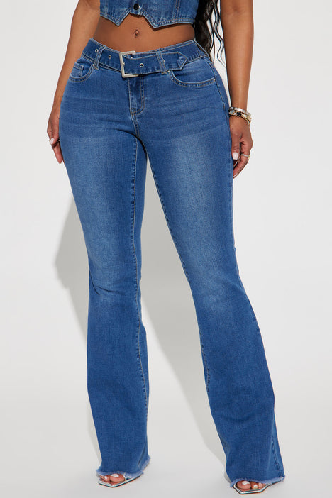 Y2K Belted Low Rise Flare Jeans - Medium Blue Wash | Fashion Nova 